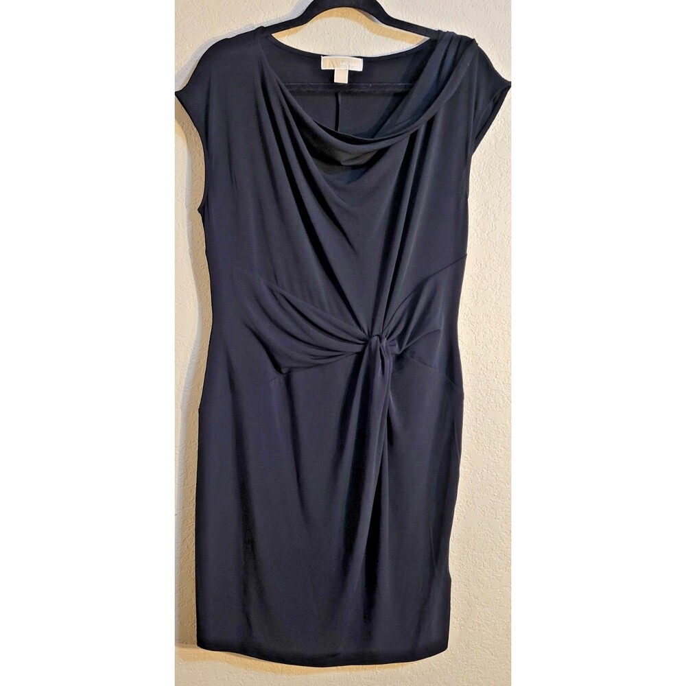 Michael Kors Black Draped Knot Sheath Cocktail Dress Sz Large Cowl Neck Classic